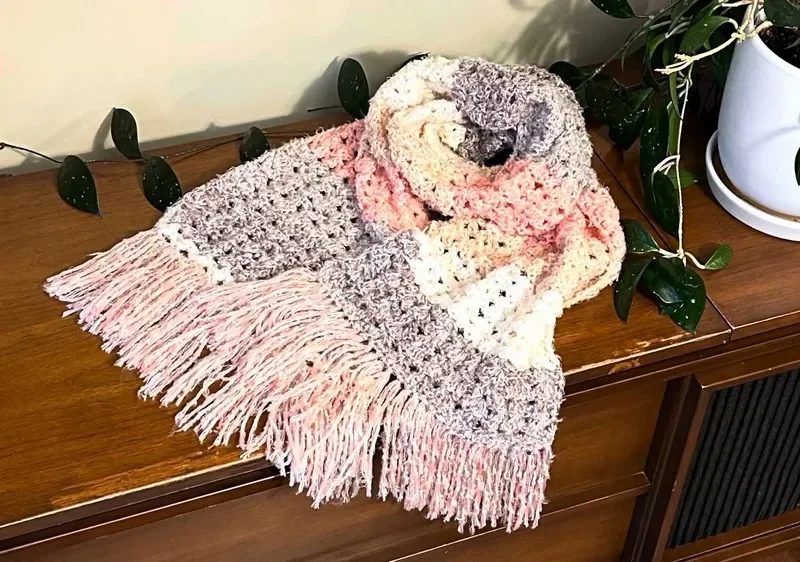 Beginner V-Stitch and Shell Scarf With Fringed Edges