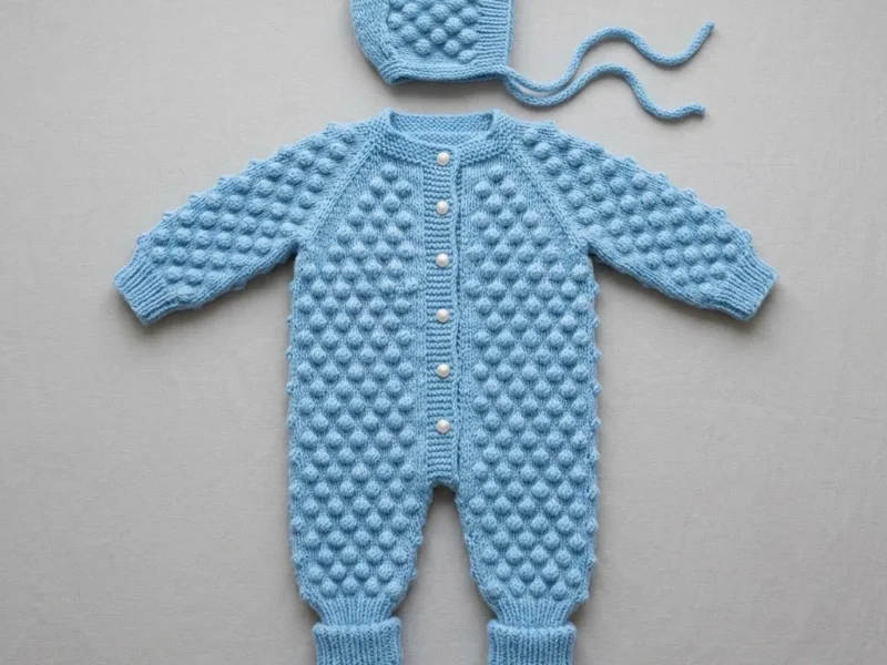 Bobble stitch baby coverall worked from the legs up