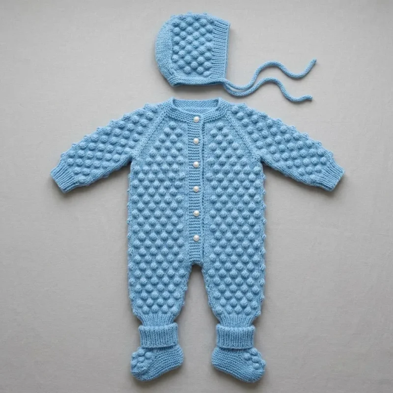 Bobble stitch baby coverall worked from the legs up — photo 2