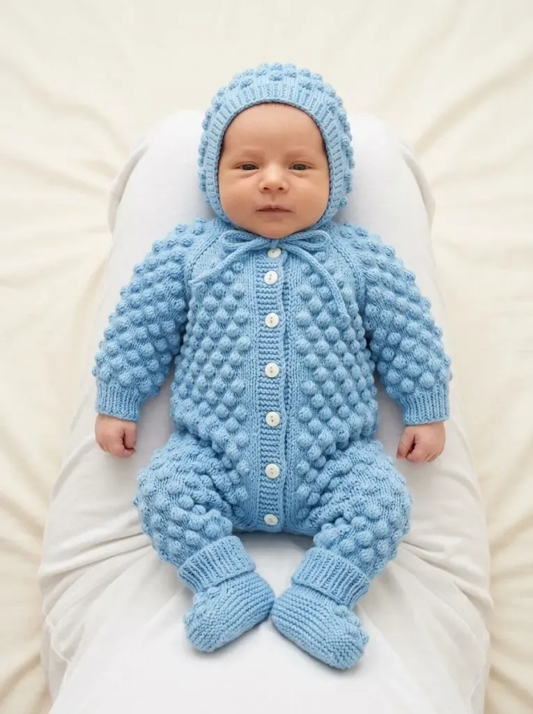 Bobble stitch baby coverall worked from the legs up — photo 3