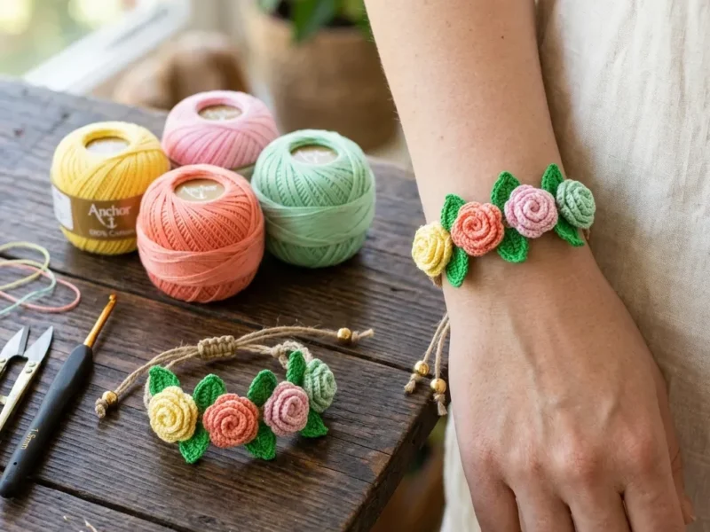 Crochet spiral rose bracelet with leaves and cord closure