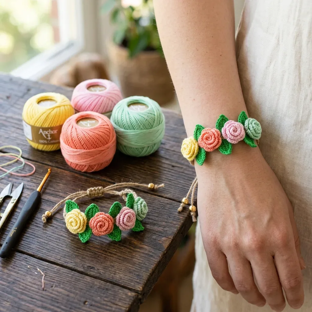Crochet spiral rose bracelet with leaves and cord closure