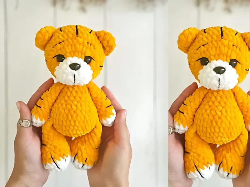 Crochet tiger cub amigurumi pattern with plush stripes