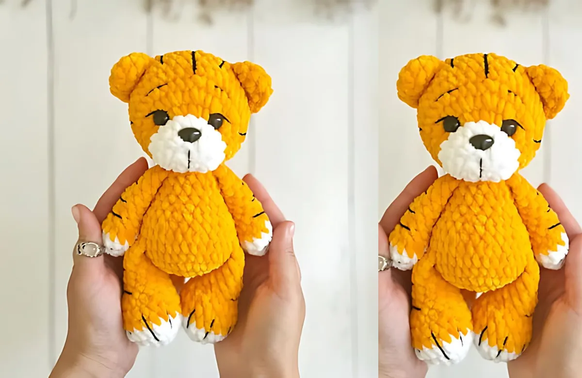 Crochet tiger cub amigurumi pattern with plush stripes