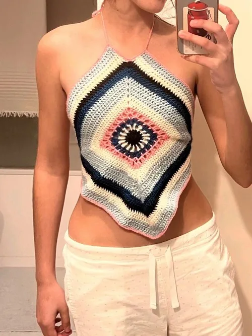 Diamond motif crochet top with a colour-block border