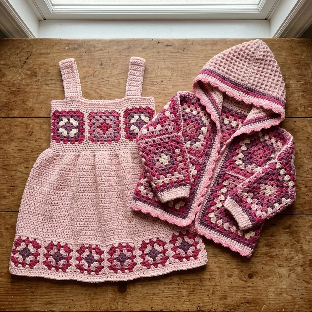 Granny square toddler dress and cardigan set pattern