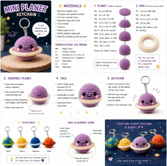 Mini planet amigurumi keychain crochet pattern
