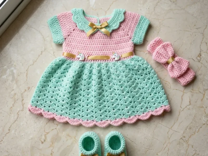 Mint unicorn baby dress set with a fan shell skirt