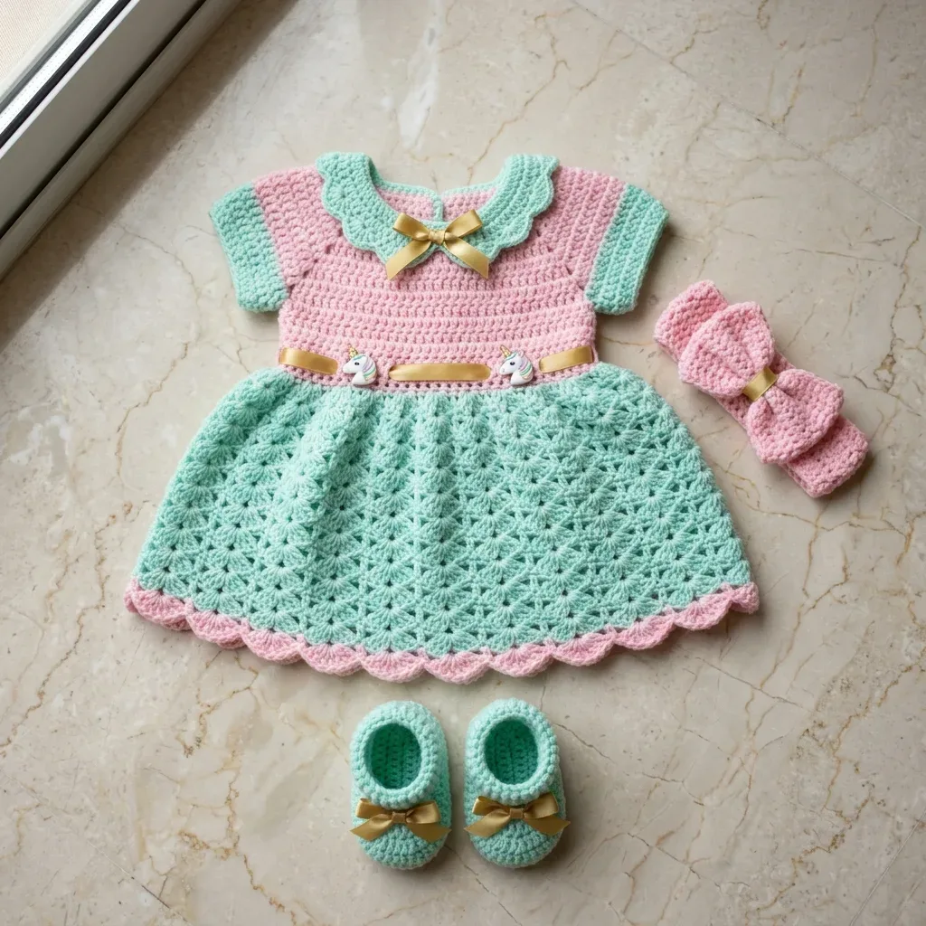 Mint unicorn baby dress set with a fan shell skirt