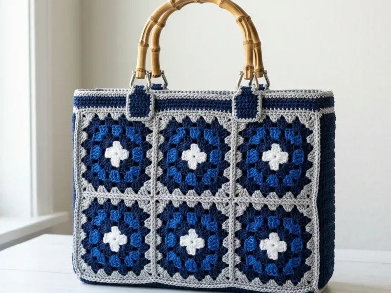 Structured navy granny square tote with bamboo handles