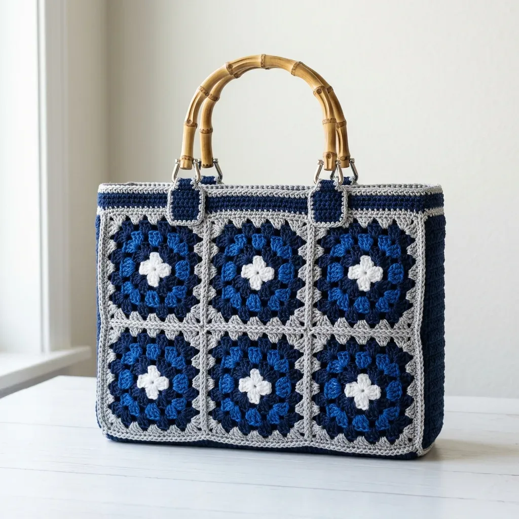Structured navy granny square tote with bamboo handles