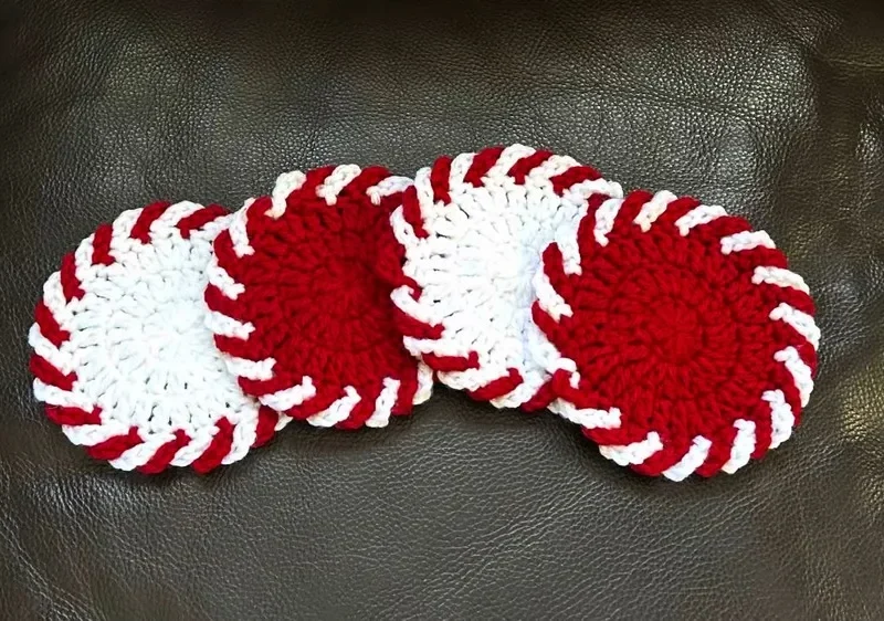 Peppermint stripe coaster worked in double crochet rounds