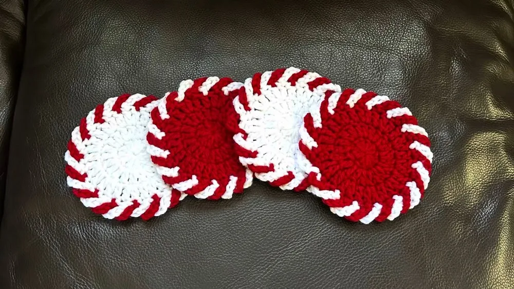 Peppermint stripe coaster worked in double crochet rounds