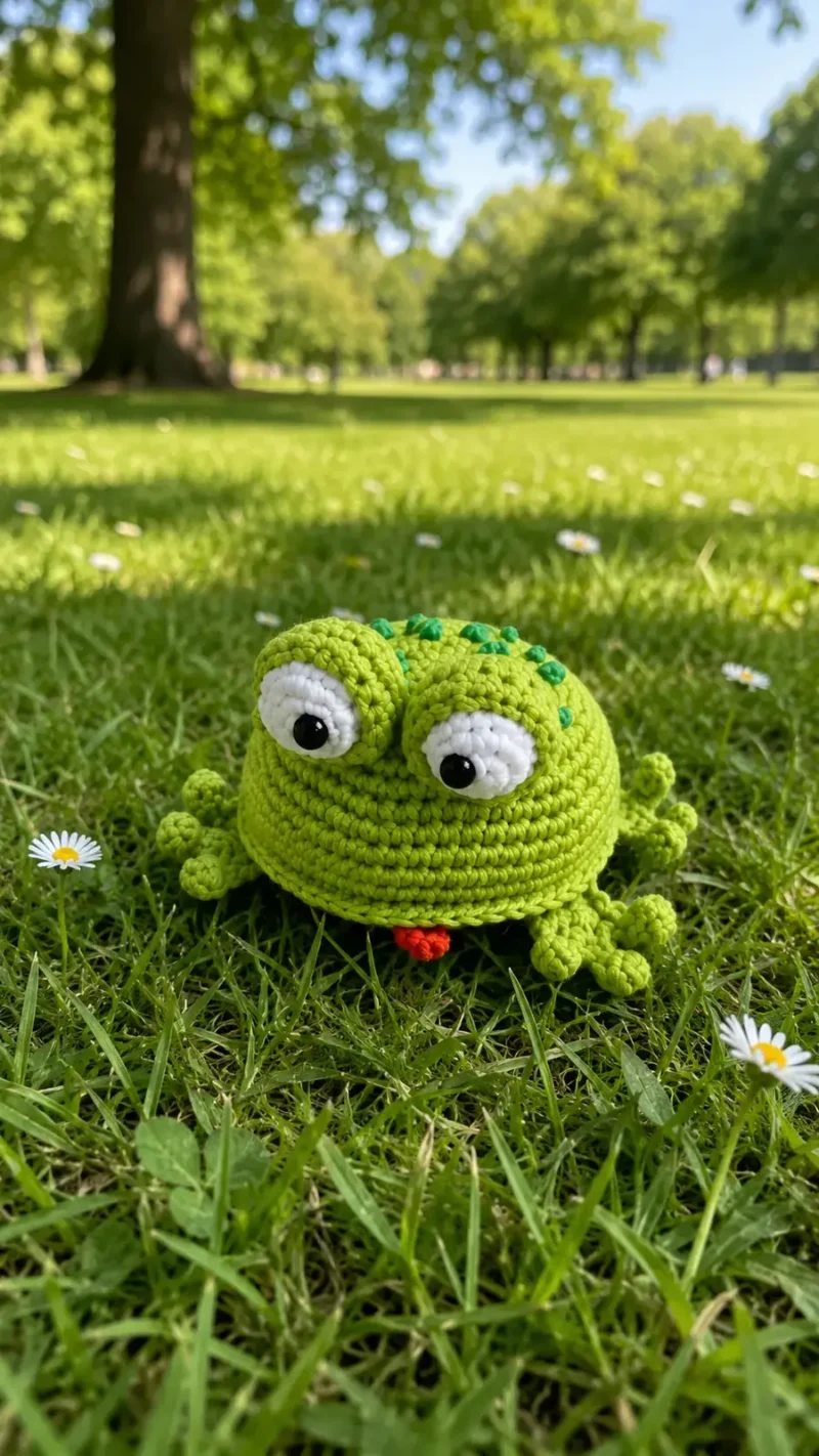 Small crochet frog amigurumi with puff stitch paws — photo 3