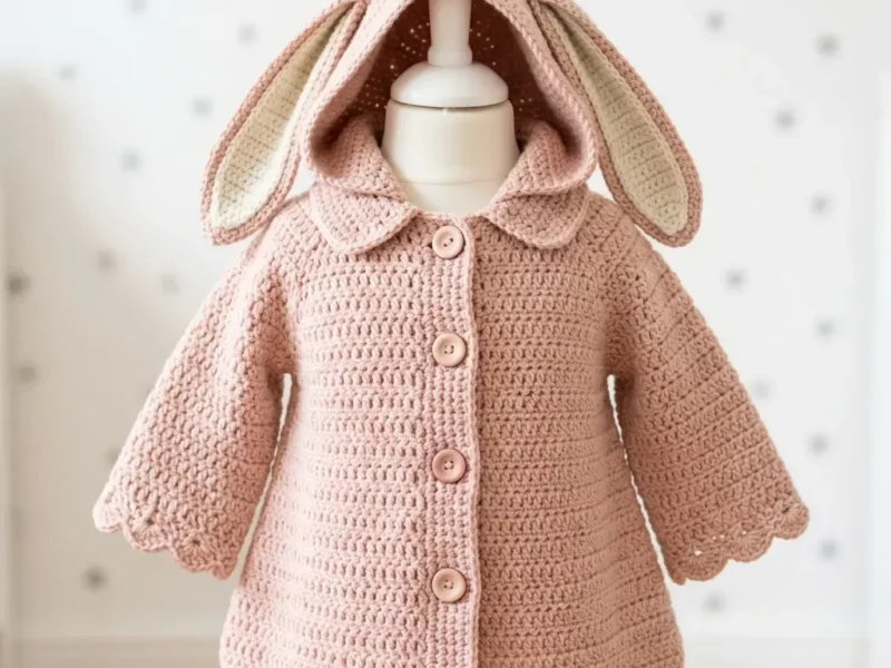 A-line bunny-ear hooded coat worked in half double crochet