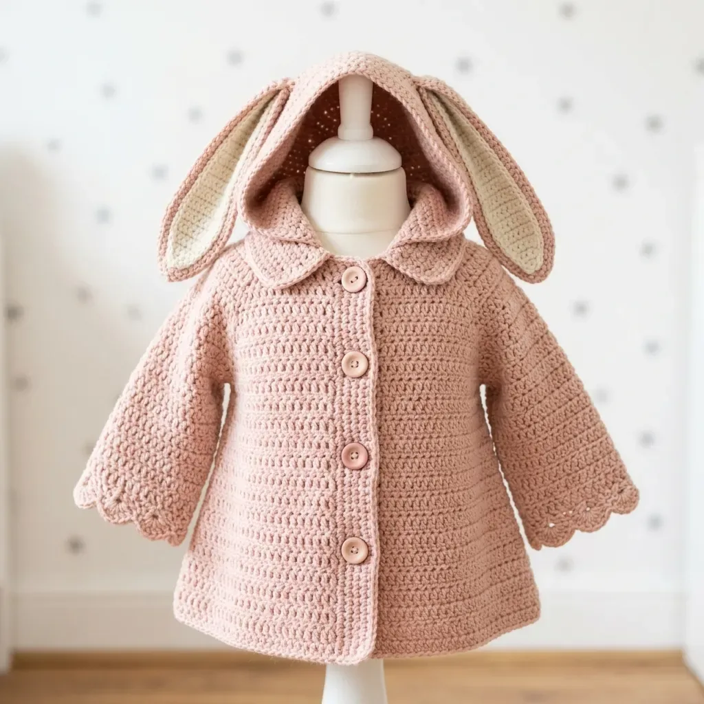 A-line bunny-ear hooded coat worked in half double crochet