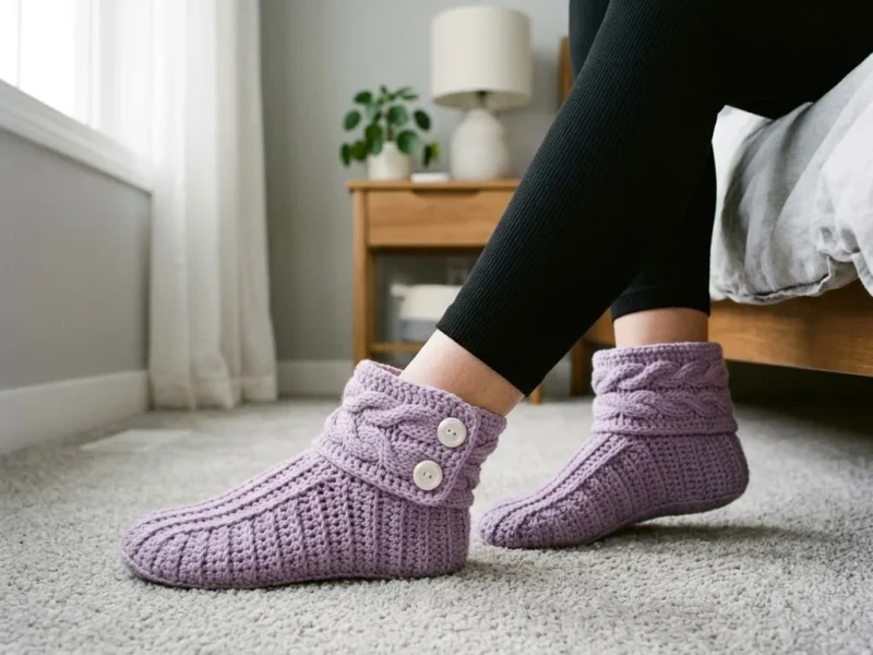 Cosy lavender crochet slipper boots with cable cuff