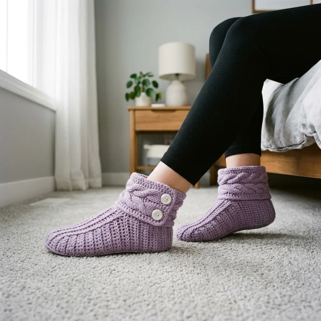 Cosy lavender crochet slipper boots with cable cuff