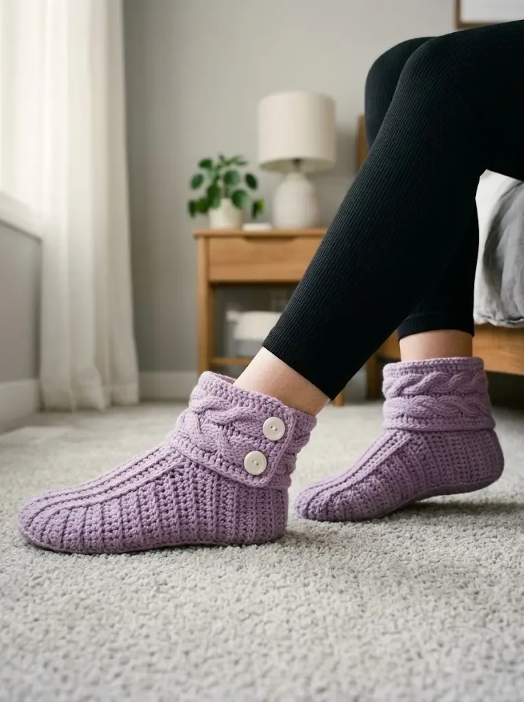Cosy lavender crochet slipper boots with cable cuff — photo 3