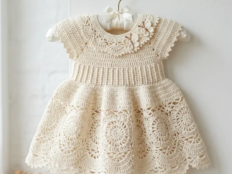 Cream lace baby dress with a raglan yoke and medallions