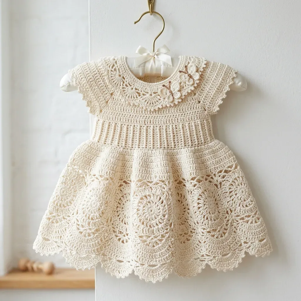 Cream lace baby dress with a raglan yoke and medallions