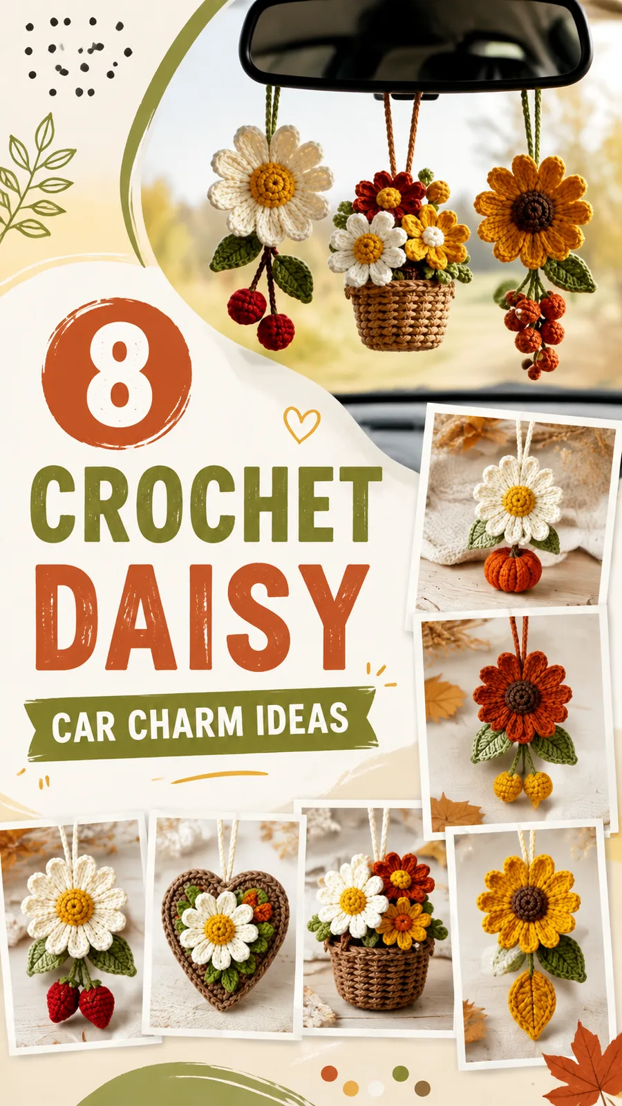 Crochet flower basket mirror charm for autumn