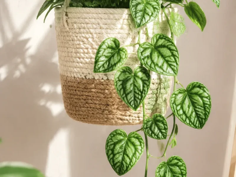 Crochet hanging plant basket with vine leaf accents