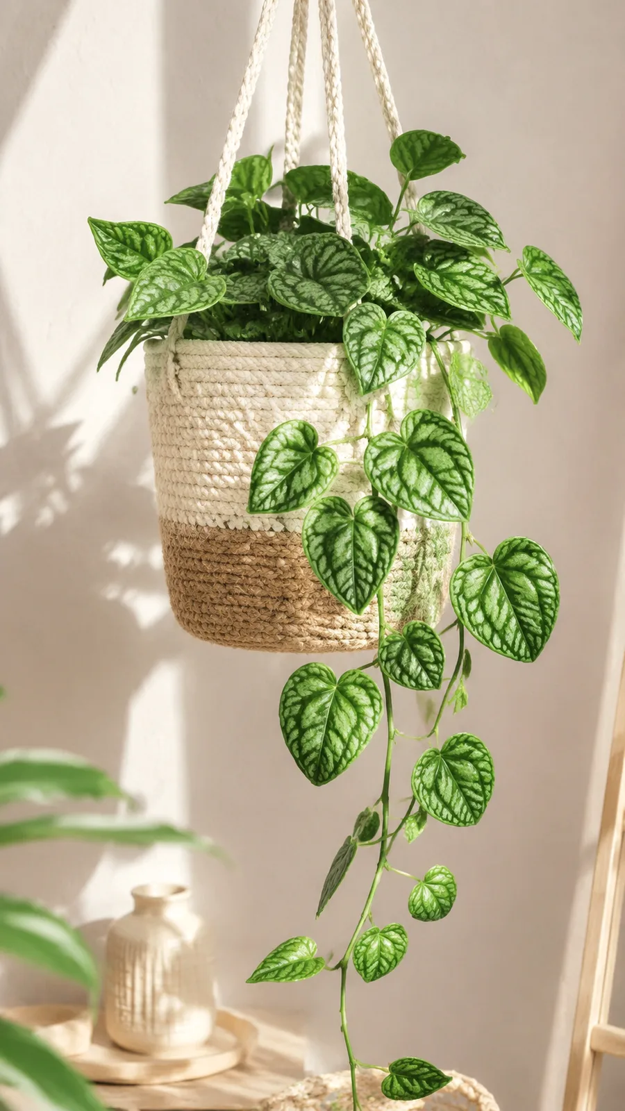 Crochet hanging plant basket with vine leaf accents