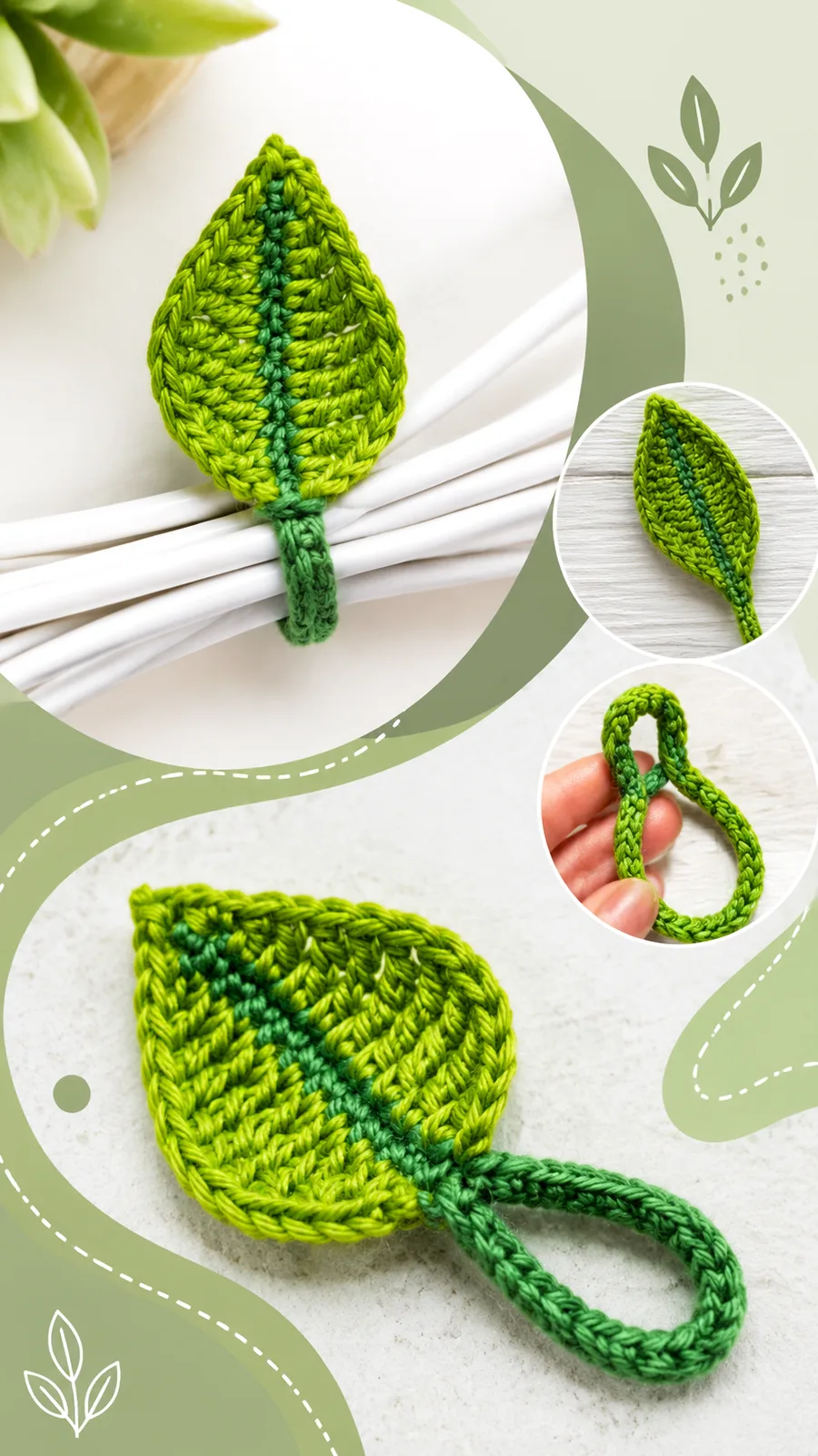 Crochet leaf cable tie for tidy headphone cords