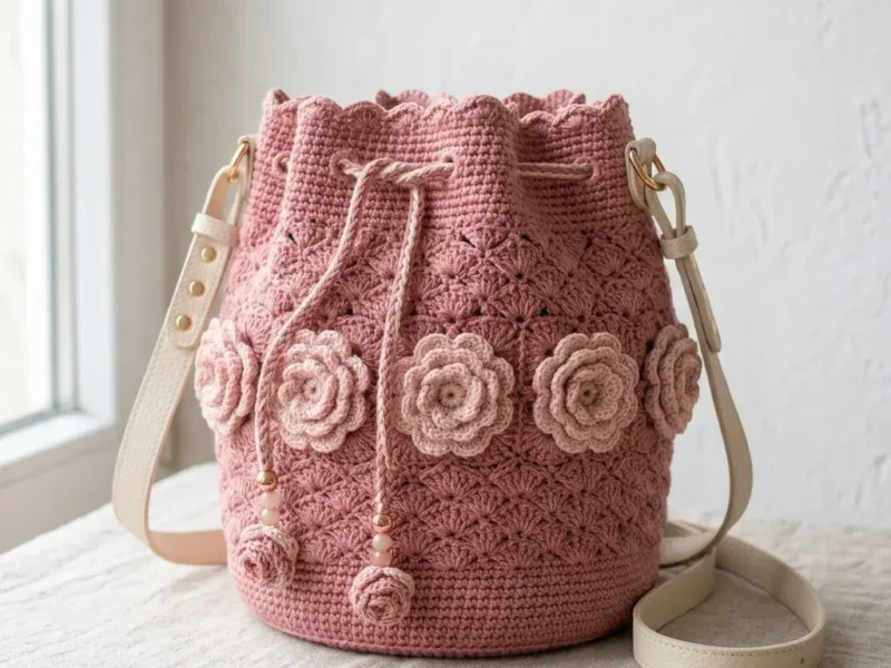 Dusty Rose Bucket Bag in Shell-Fan Stitch