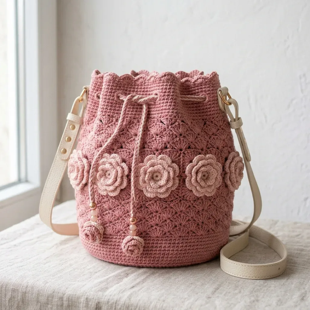 Dusty Rose Bucket Bag in Shell-Fan Stitch