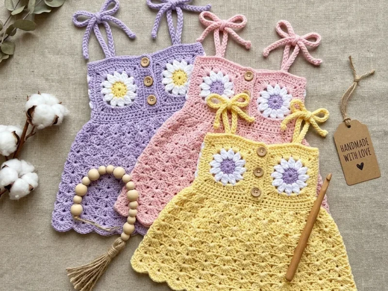 Lavender daisy sundress for babies: a shell stitch crochet pattern