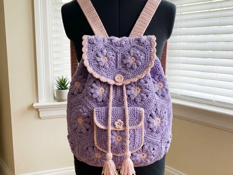 Granny square backpack with puff stitch panels