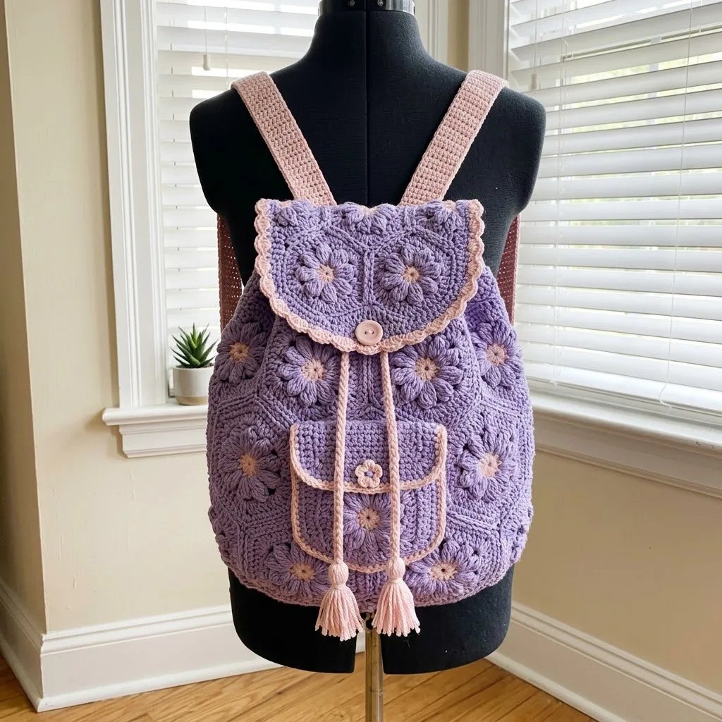 Granny square backpack with puff stitch panels