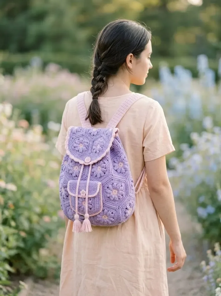 Granny square backpack with puff stitch panels — photo 3