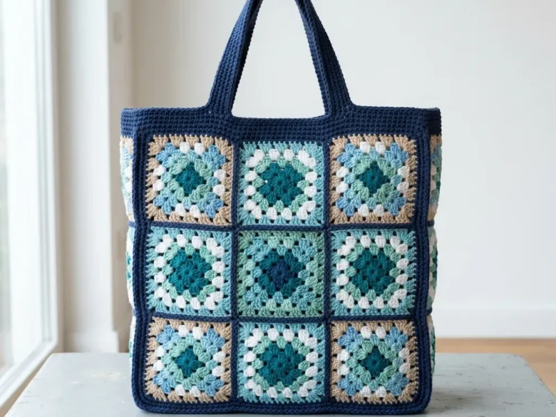 Navy-framed granny square tote in ocean blues