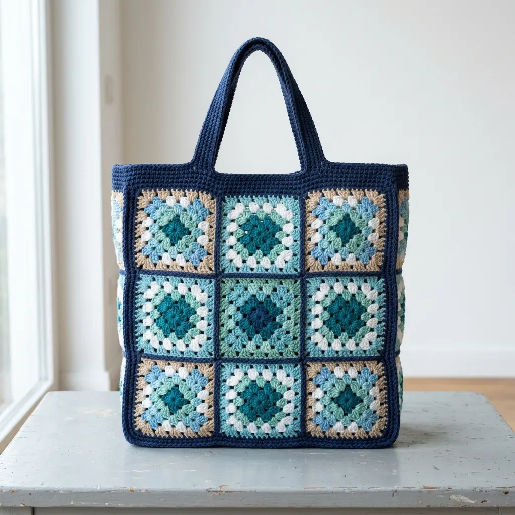 Navy-framed granny square tote in ocean blues