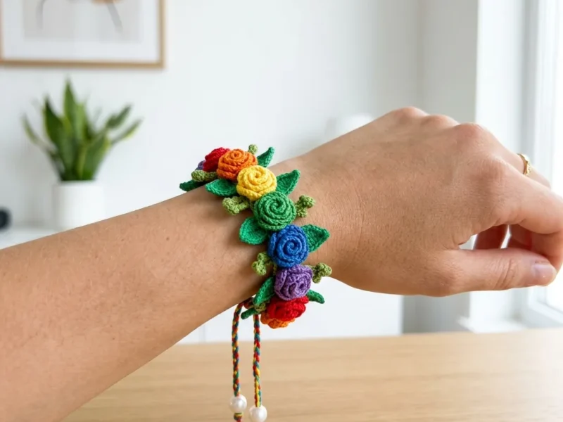 Rainbow rose crochet bracelet with beaded ties