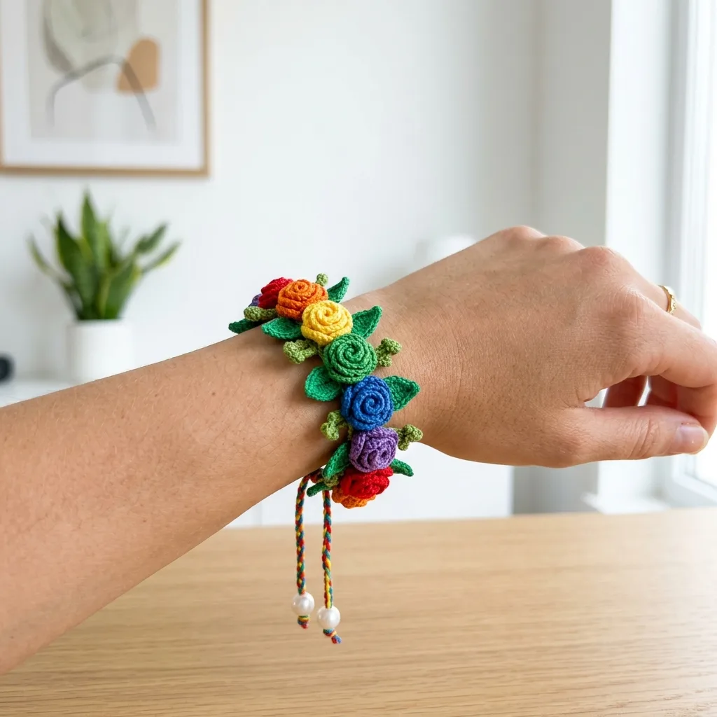 Rainbow rose crochet bracelet with beaded ties