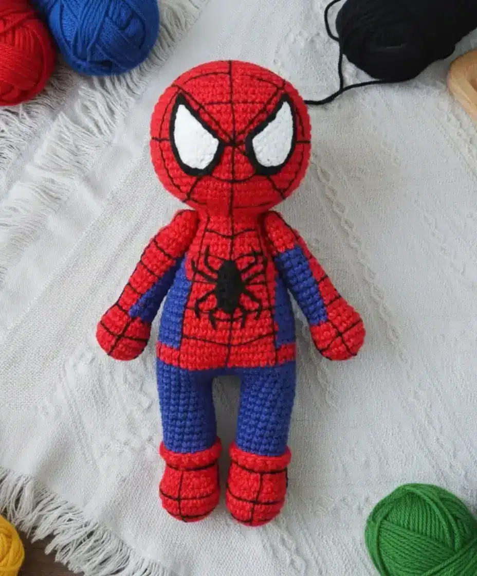 A realistic Spiderman amigurumi worked in single crochet