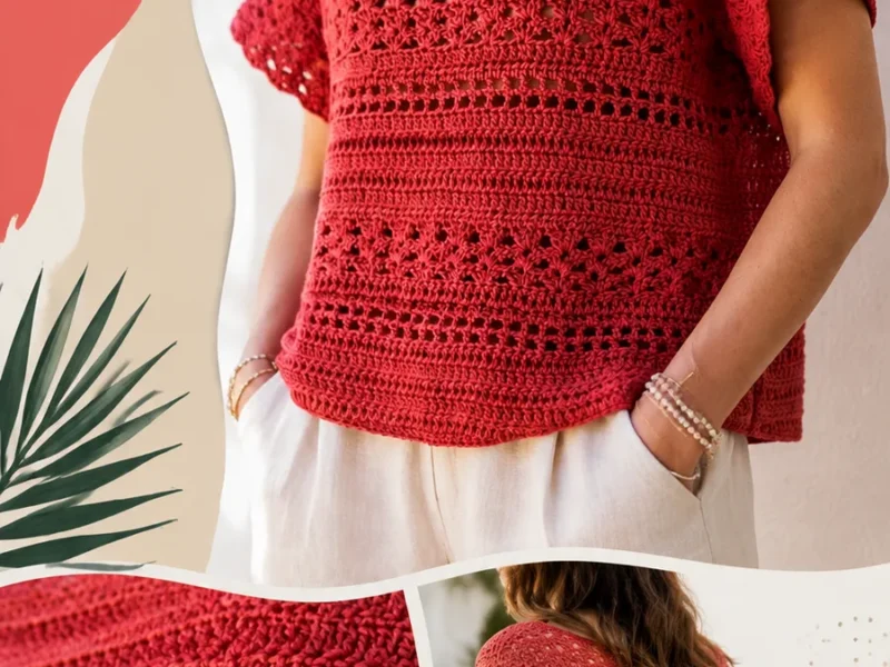 Red boxy double crochet summer top for women