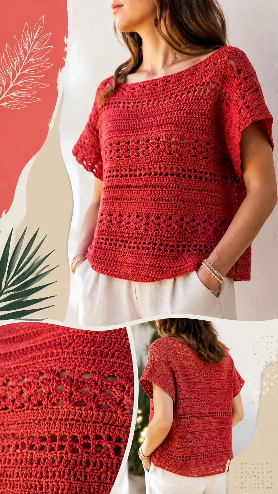 Red boxy double crochet summer top for women