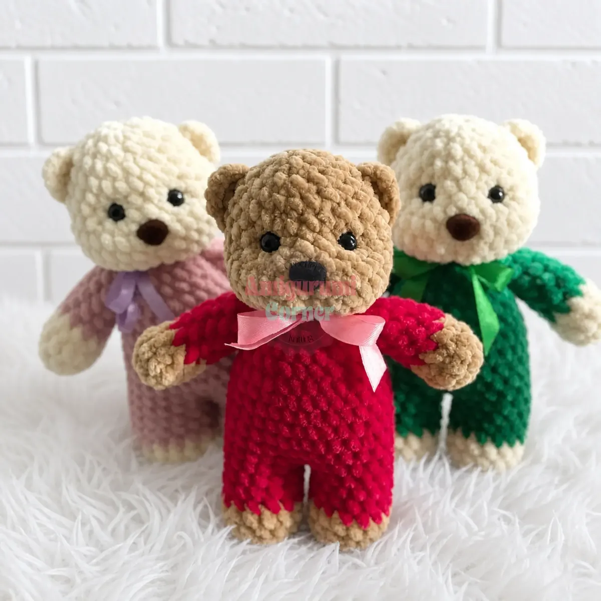 A soft-bodied amigurumi teddy bear in two colours