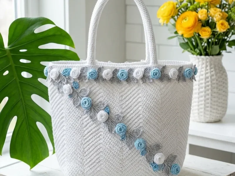 Structured herringbone tote with crochet roses
