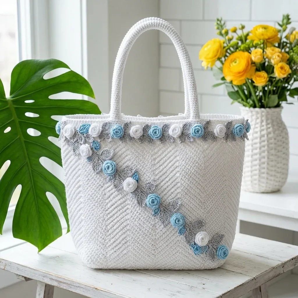 Structured herringbone tote with crochet roses