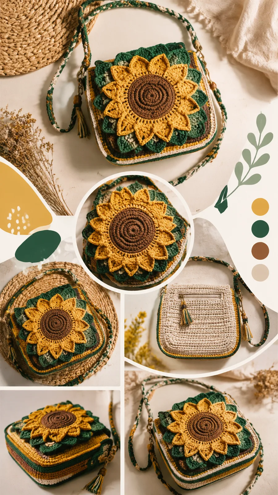 Sunflower crochet crossbody bag with floral applique
