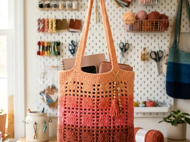 A sunset-gradient grid tote worked in single crochet