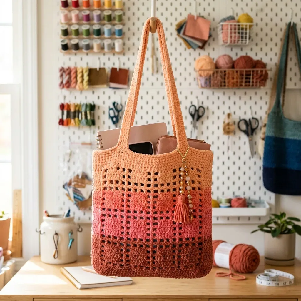 A sunset-gradient grid tote worked in single crochet