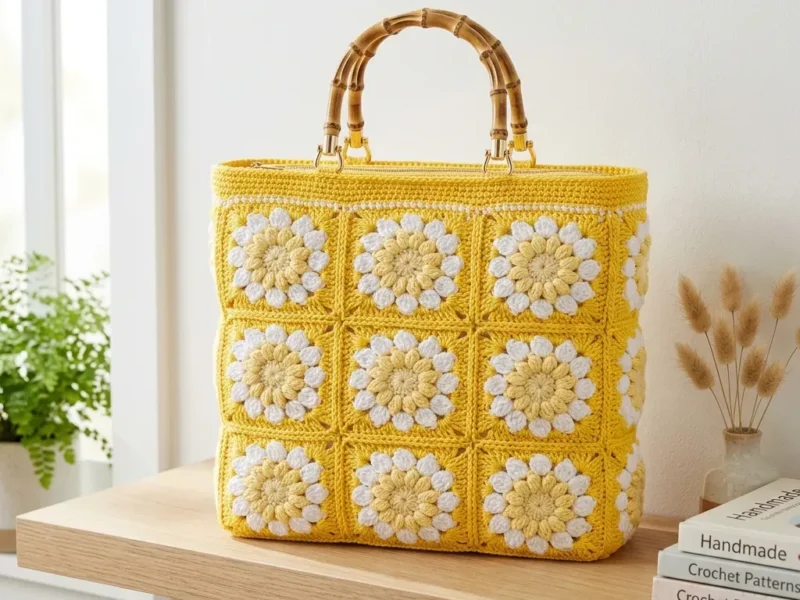 Sunshine granny square bag with puff stitch flowers