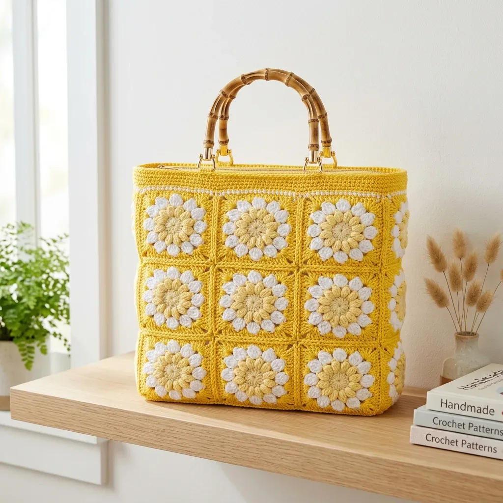 Sunshine granny square bag with puff stitch flowers
